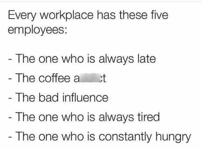 Text meme listing five common employee types in every workplace, illustrating relatable work memes for everyone ready to retire.