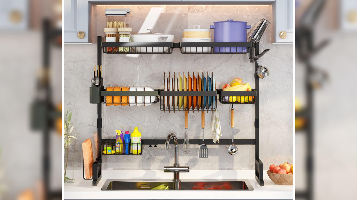 Over the sink kitchen organizer with shelves and hooks, a smart tiny apartment furniture find for small spaces.