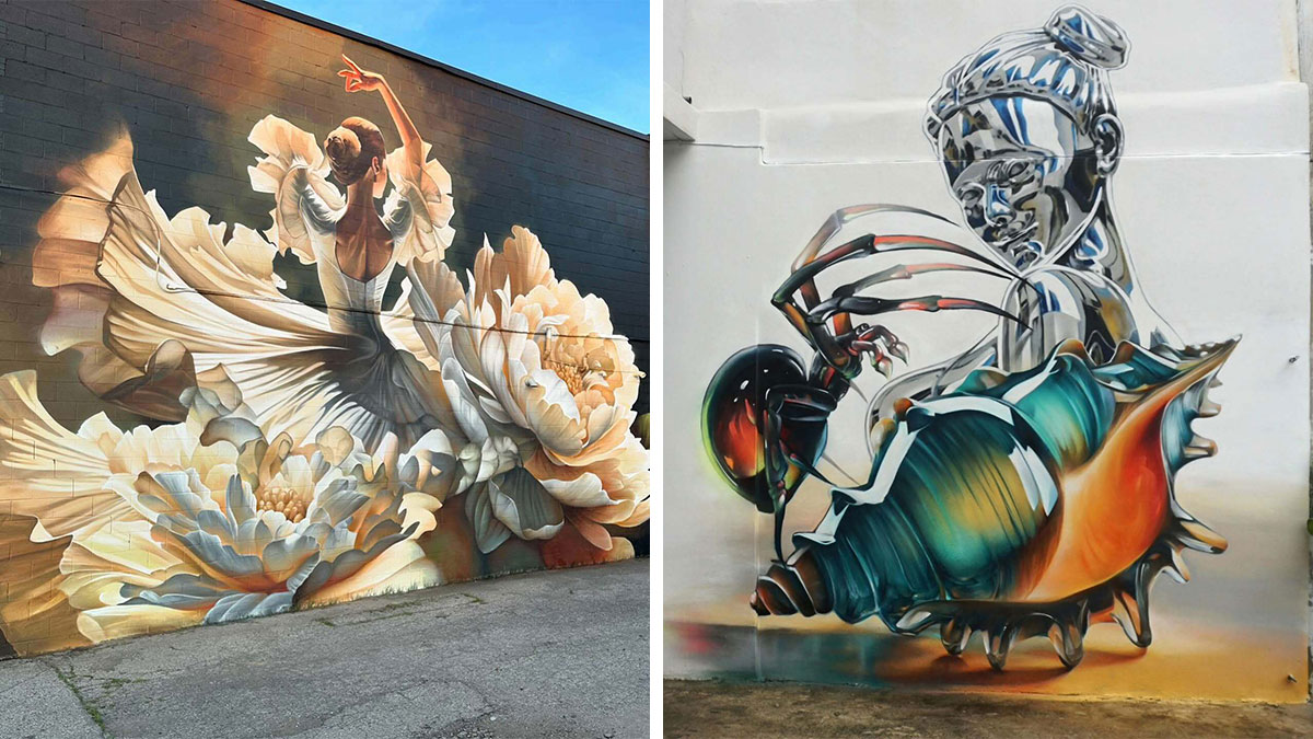 Two large murals blending graffiti, realism, and abstraction featuring a ballerina and a surreal figure with a shell.