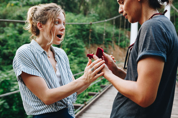 Bride receiving a surprise engagement ring outdoors, highlighting key wedding plans and family reaction moments. Bride receiving a surprise engagement ring outdoors, highlighting key wedding plans and family reaction moments.