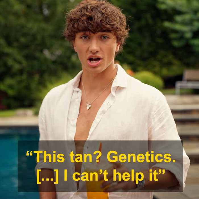 Young man by pool holding drink with text celebrating genetics causing natural tan in an outdoor setting Young man by pool holding drink with text celebrating genetics causing natural tan in an outdoor setting