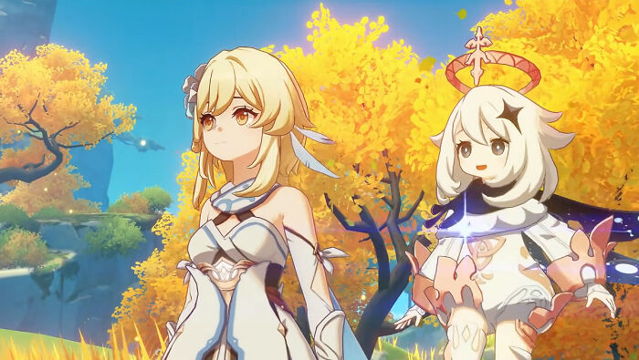 Two animated characters in a bright autumn landscape, illustrating the theme of shopping and non-substance dependencies.