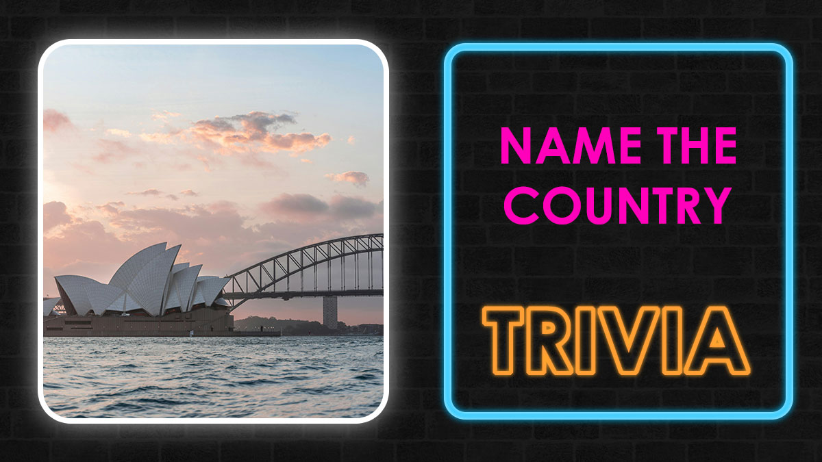 Sydney Opera House and bridge at sunset alongside neon sign for geography quiz country trivia challenge