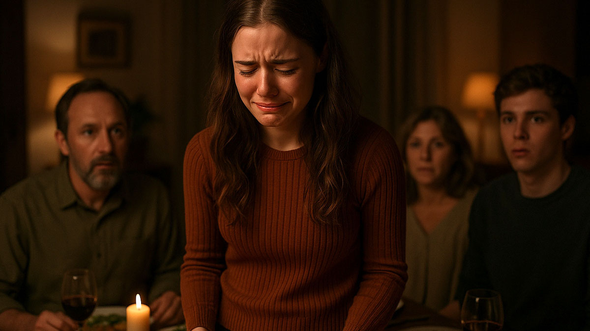 Young woman crying at dinner table as racist insult causes chaos and tension among family members.