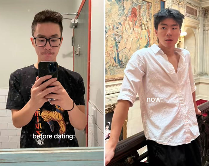 Before and after photos showing the girlfriend glow-up effect with a stylish transformation and confident appearance.