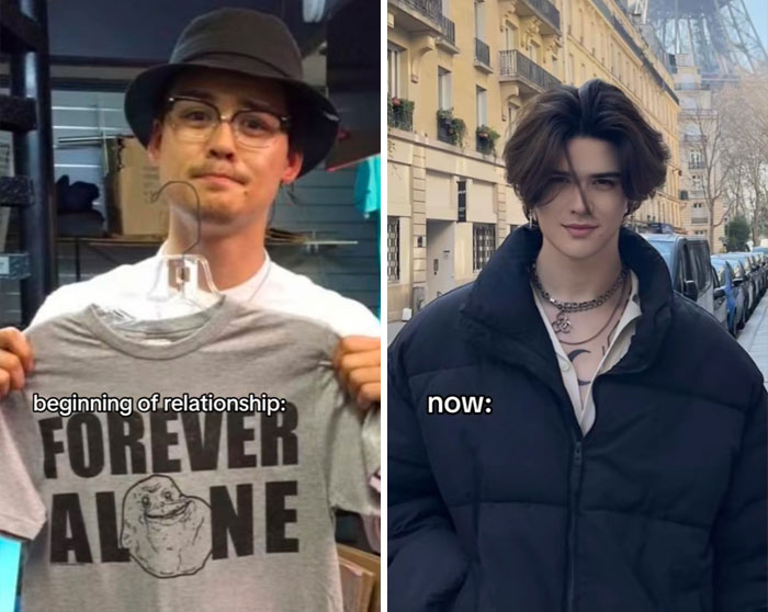 Side-by-side images showing a dramatic glow-up highlighting the girlfriend glow-up effect transformation over time.