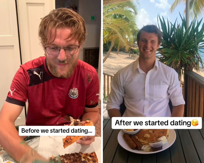 Man showing transformation in glow-up effect before and after dating, enjoying pizza and a healthy breakfast outdoors.