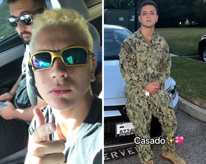 Side-by-side photos showing a young man before and after, illustrating the girlfriend glow-up effect.