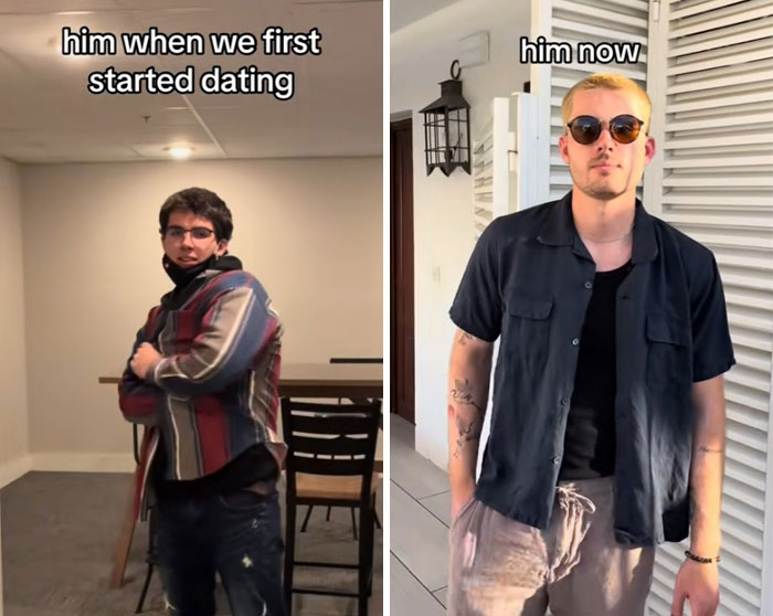 Man showing transformation over time, illustrating the girlfriend glow-up effect with style and confidence changes.
