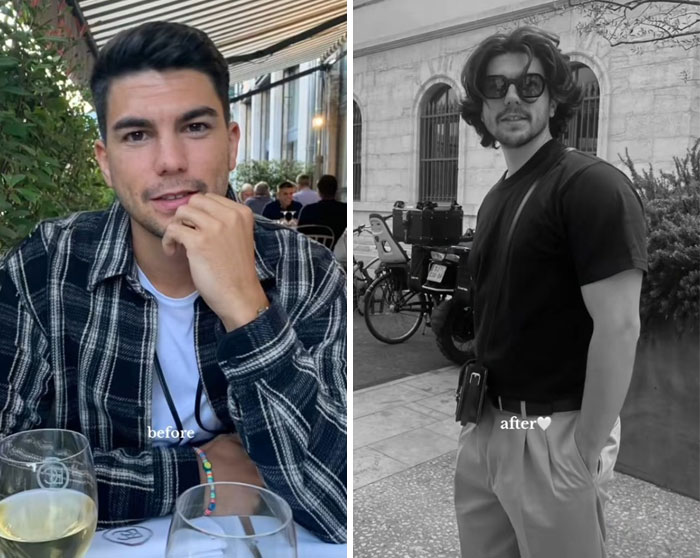 Before and after photos of a man showing a style glow-up effect with updated fashion and grooming outdoors.