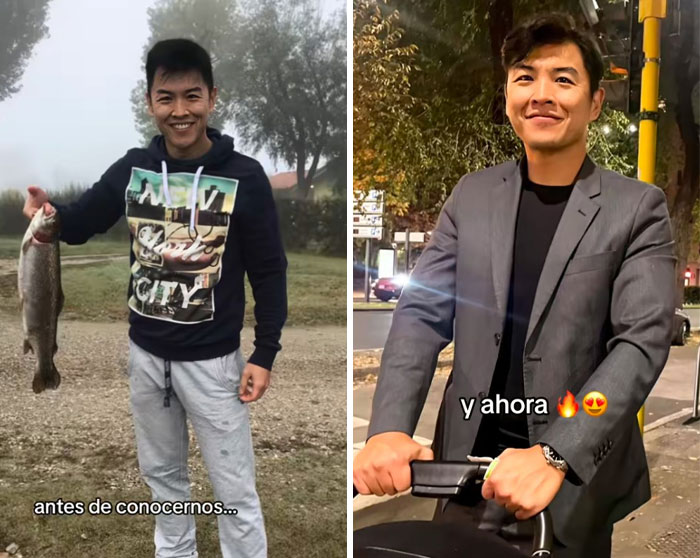 Young man showing the girlfriend glow-up effect with confident smile and stylish outfit transformation outdoors and at night.
