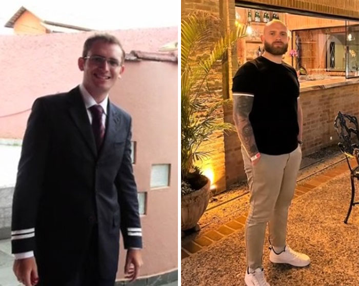 Side-by-side photos of a man showing a stylish glow-up transformation over time with confident poses and outfits.