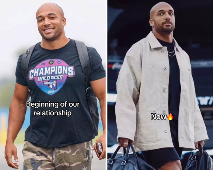 Man showing a stylish glow-up effect from casual to fashionable look, illustrating the girlfriend glow-up effect.