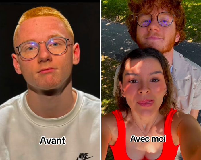 Before and after girlfriend glow-up effect shown by a woman taking a selfie with her partner outdoors in sunlight.