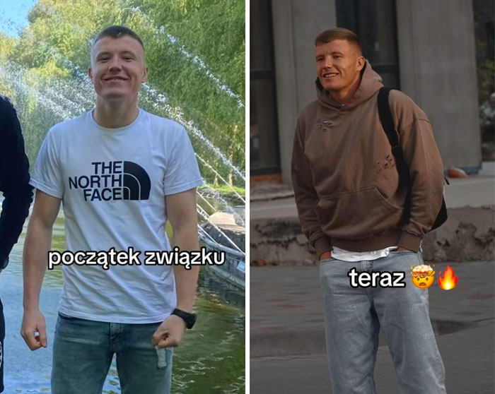 Young man showing a casual style change illustrating the girlfriend glow-up effect with happy expressions outdoors.