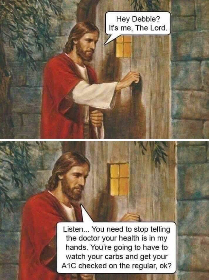 Relatable medical meme showing a figure advising to watch carbs and get A1C checked regularly at checkups.