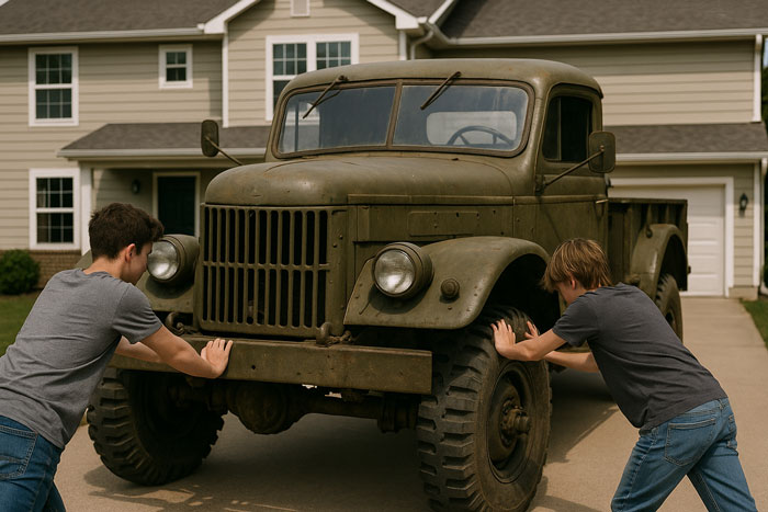 Two teens pushing a vintage army trailer won at surplus auction instead of a portable darkroom.