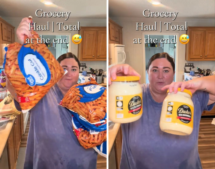 Woman in kitchen holding bags of snack chips and jars, showcasing an American family grocery haul in a home setting. Woman in kitchen holding bags of snack chips and jars, showcasing an American family grocery haul in a home setting.