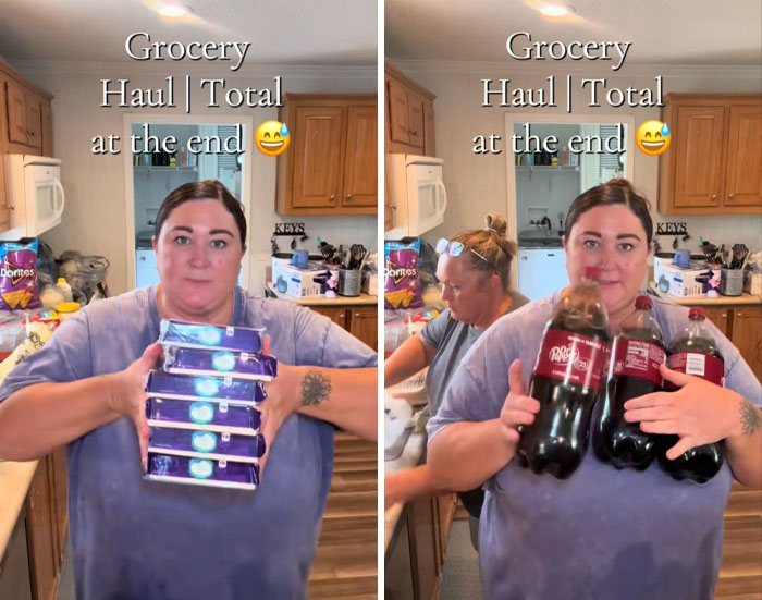 Woman in a kitchen holding stacked groceries and bottles of soda during an American family grocery haul. Woman in a kitchen holding stacked groceries and bottles of soda during an American family grocery haul.