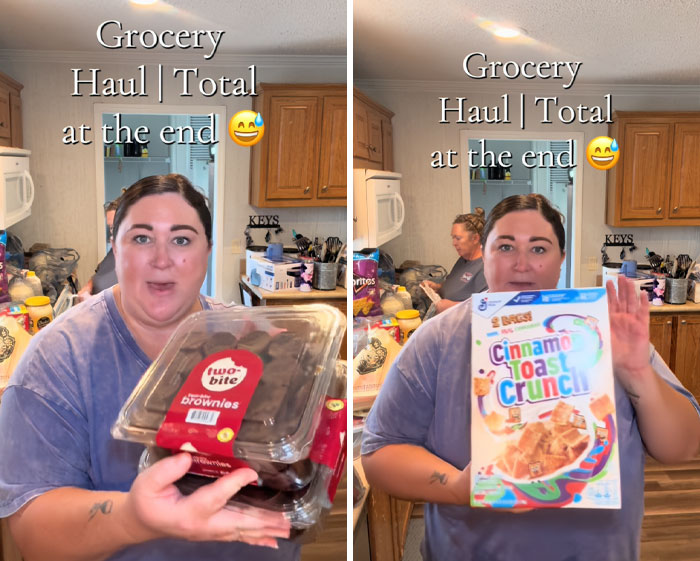 Woman in kitchen holding brownies and Cinnamon Toast Crunch cereal during American family grocery haul. Woman in kitchen holding brownies and Cinnamon Toast Crunch cereal during American family grocery haul.