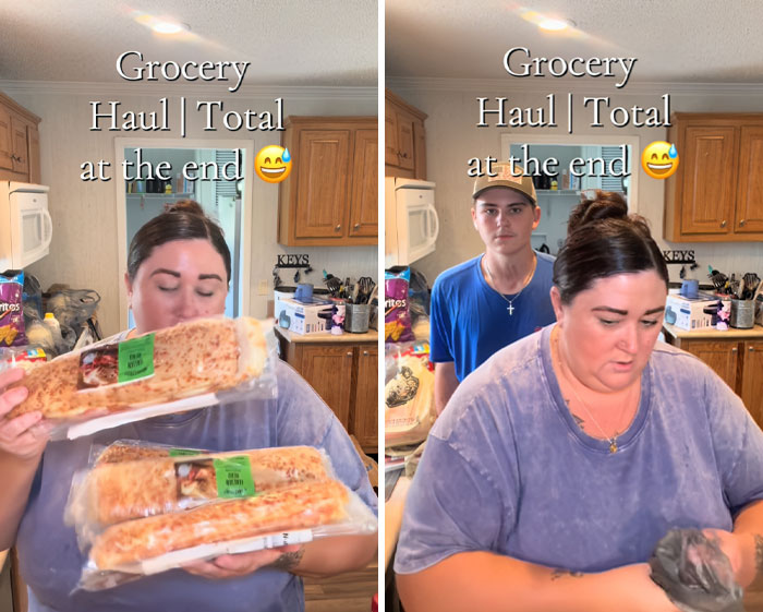 Woman and young man showing an American family grocery haul with various food items in a kitchen setting. Woman and young man showing an American family grocery haul with various food items in a kitchen setting.
