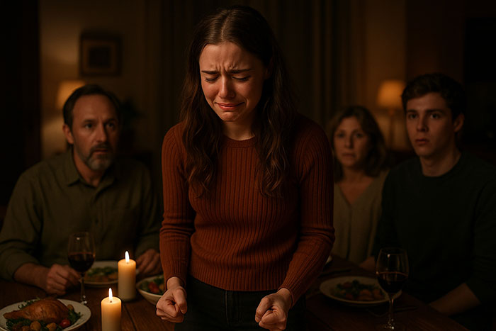 Young woman crying at dinner table while family members look on in shock after racist insult causes chaos. Young woman crying at dinner table while family members look on in shock after racist insult causes chaos.
