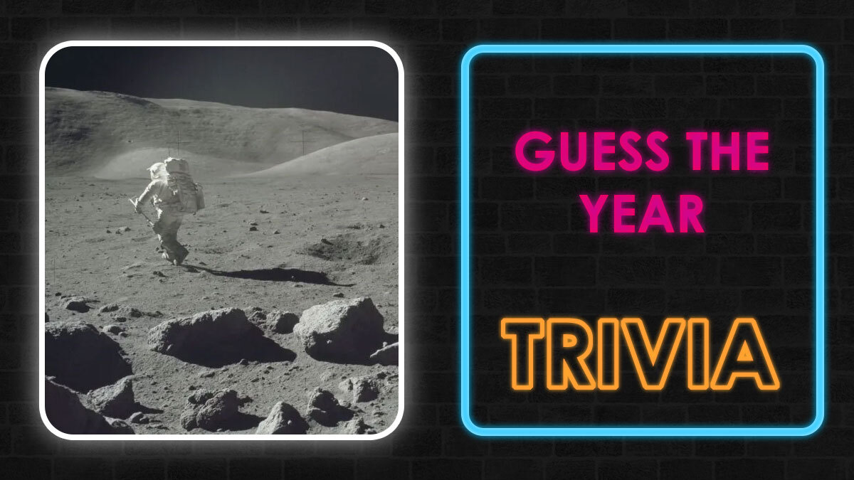 Astronaut walking on the moon surface next to neon sign reading Guess The Year trivia for iconic historical events quiz.