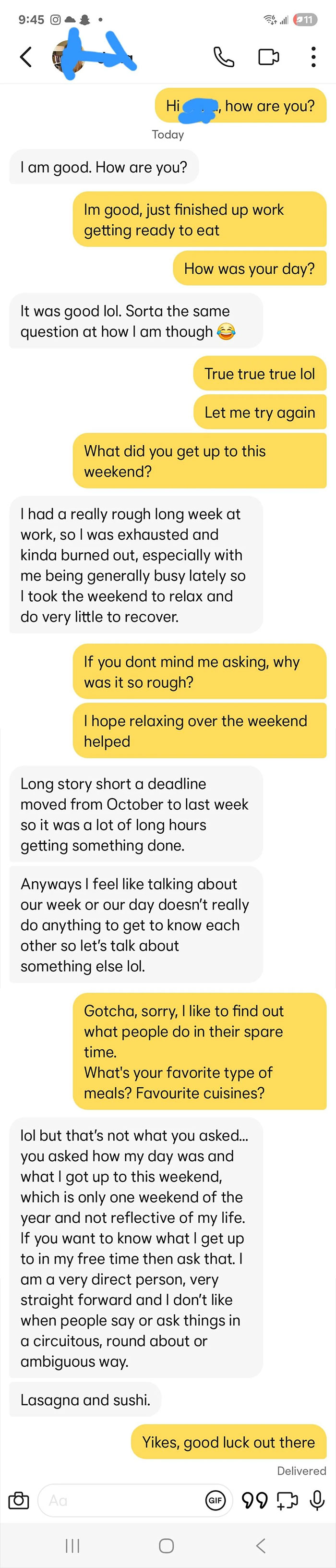 Text message exchange showing a conversation illustrating delusional behavior in women with unclear and defensive responses.