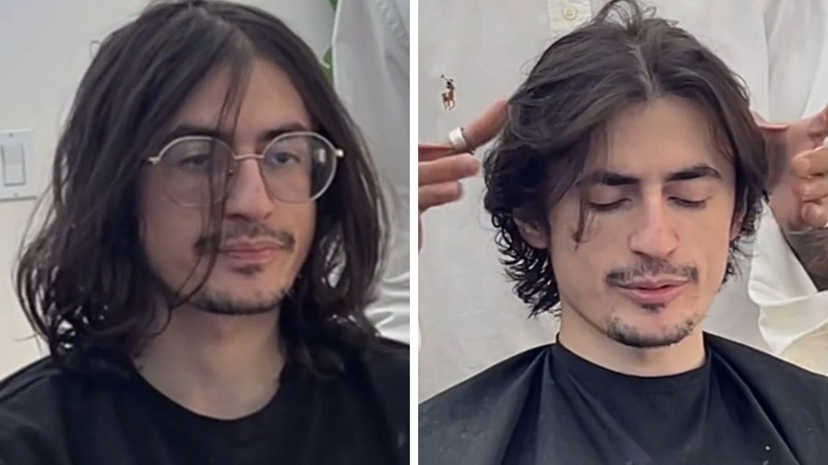 Side-by-side images showing a man before and after a haircut transformation that highlights a glow up look.