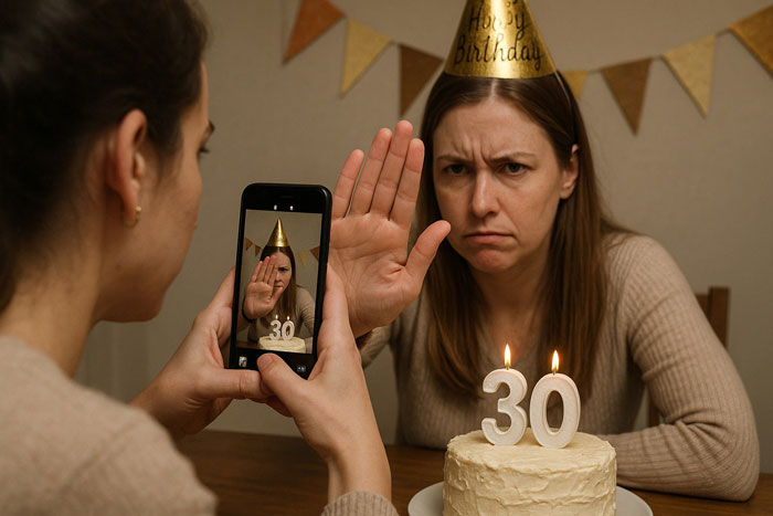 Woman at birthday dinner blocking camera of self-proclaimed influencer trying to film, showing frustration and raised hand gesture. Woman at birthday dinner blocking camera of self-proclaimed influencer trying to film, showing frustration and raised hand gesture.