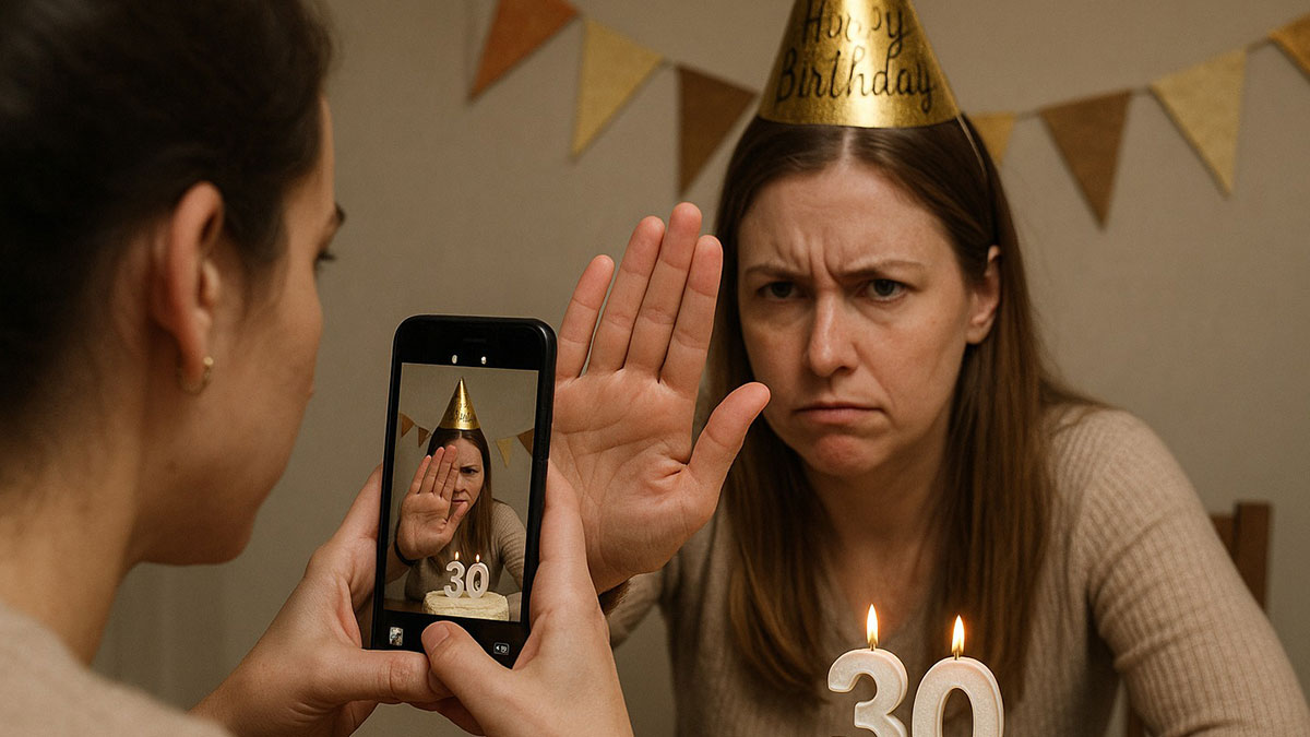 Angry woman at birthday dinner blocking camera held by self-proclaimed influencer trying to film the celebration.