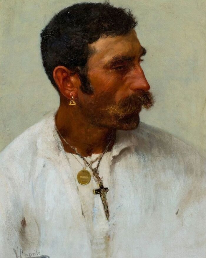 Portrait of a handsome Victorian man with a mustache, wearing a white shirt and religious necklaces in a classic style.