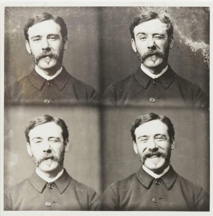 Victorian man with mustache and beard in four vintage black and white portrait photos showing different facial expressions.