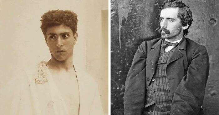 Two Victorian men showcasing handsome features, captured in vintage style black and white portraits.