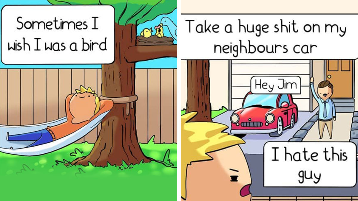 Comic panels showing weird and dark humor with a character wishing to be a bird and pranking a neighbor's car.
