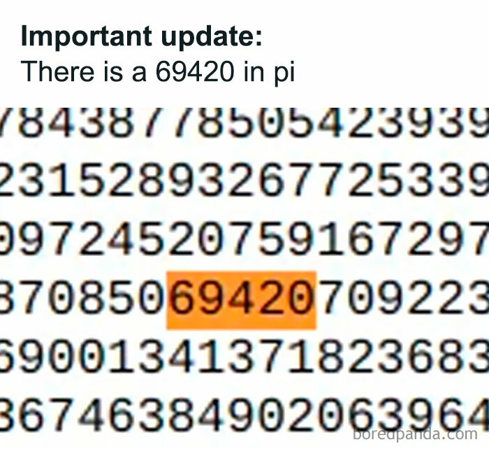 Close-up of a math meme highlighting the number 69420 in pi, part of popular science memes about photosynthesis.