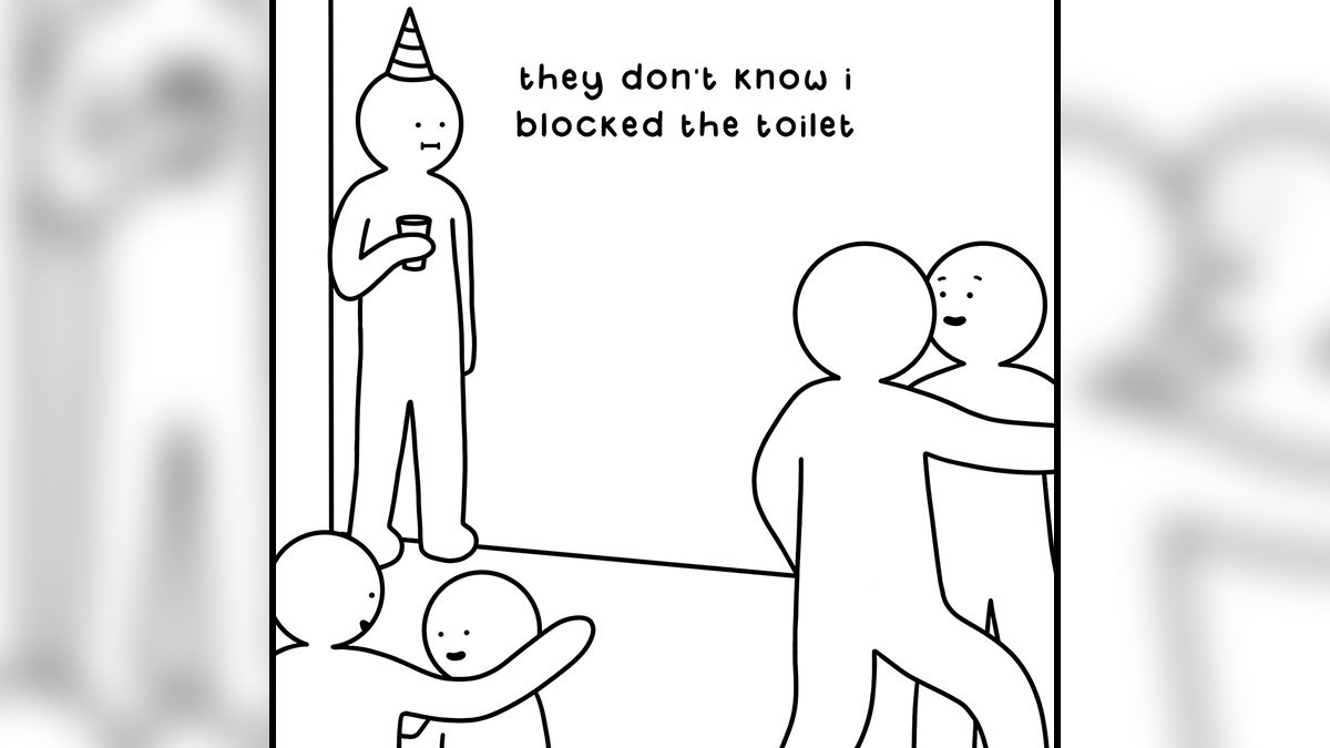 Minimalist comic by Amii James showing a party guest nervously hiding a secret about a blocked toilet.