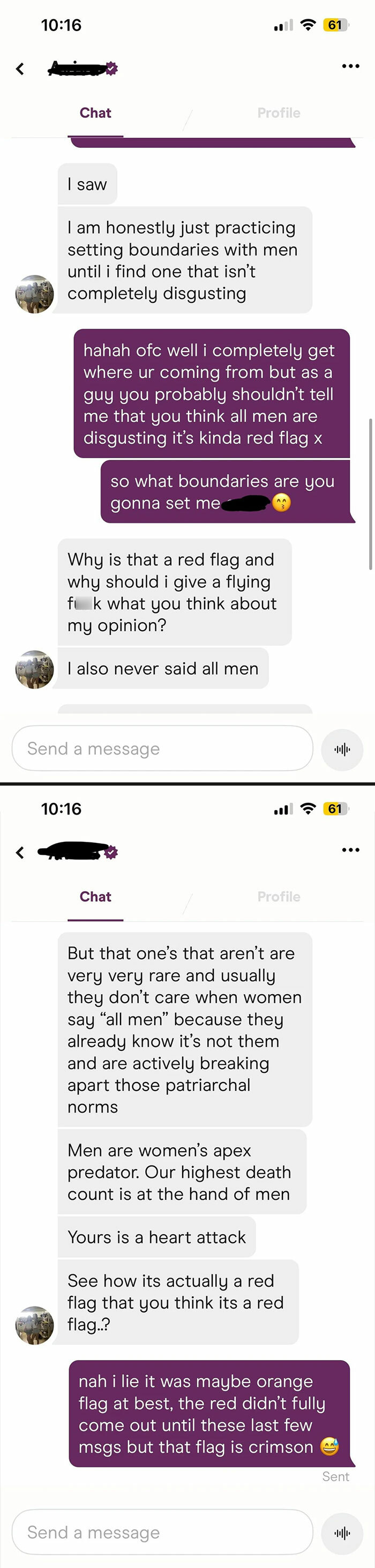 Chat screenshot showing a heated conversation highlighting delusional behavior and setting boundaries with men.