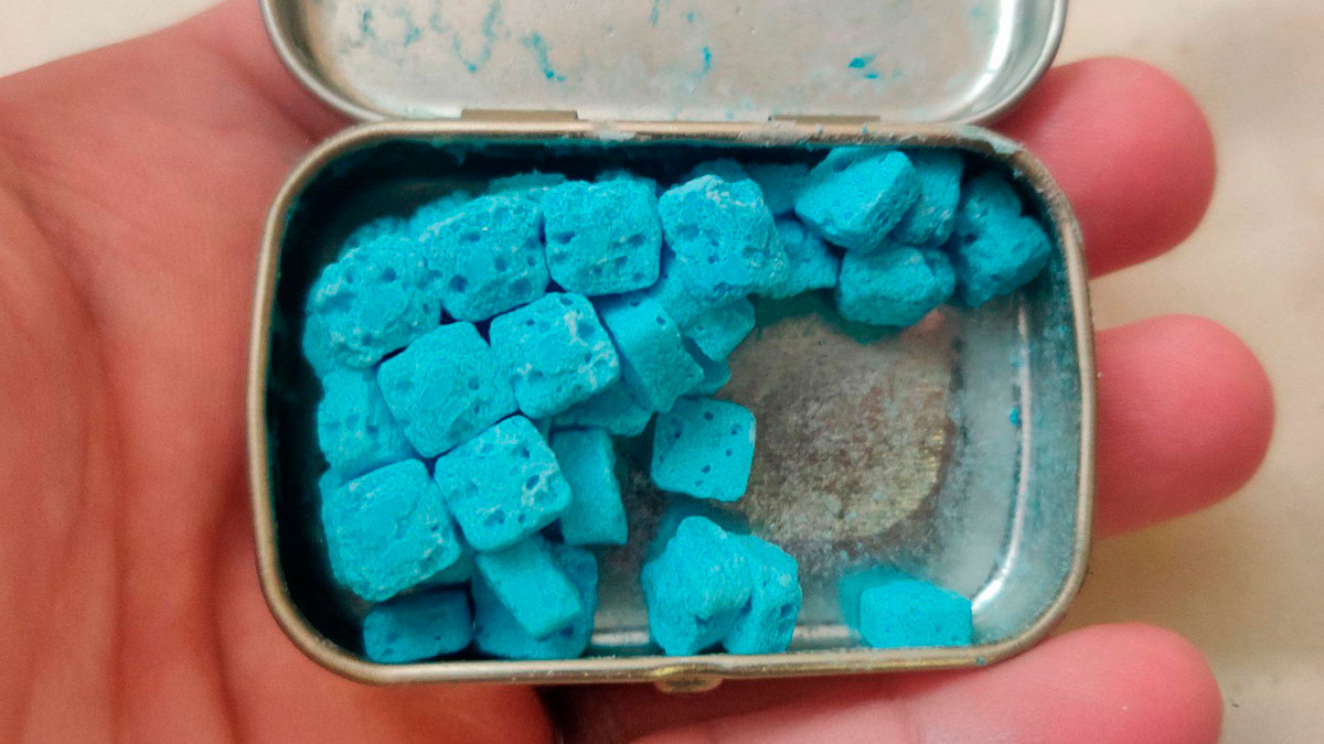 Close-up of melted blue candy pieces in a small metal tin showing the heatwave damage and hot mess caused globally.