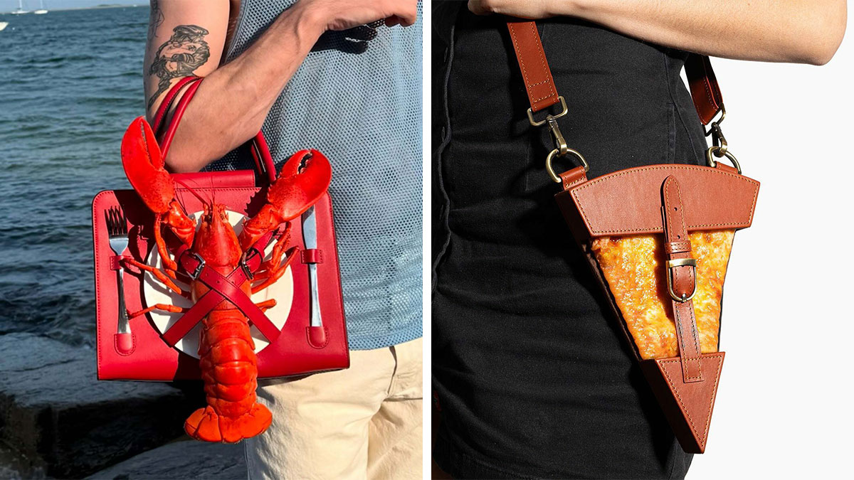 Two unusual accessories by Nik Bentel, featuring a lobster handbag and a pizza slice purse blending everyday objects with fashion.