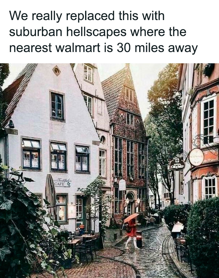Charming old street scene contrasting with suburban hellscapes, highlighting lack of affordable housing in the US.