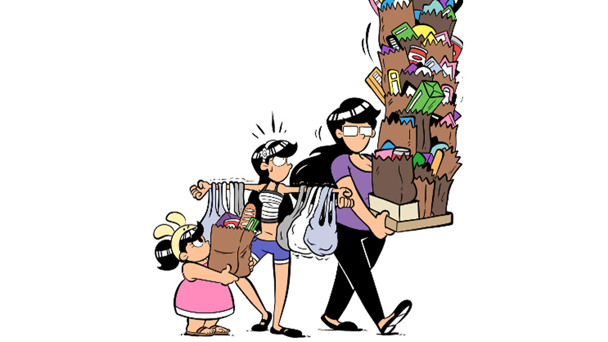 Comic illustration by Deon Parson showing sisterhood with three sisters carrying groceries and bags together.