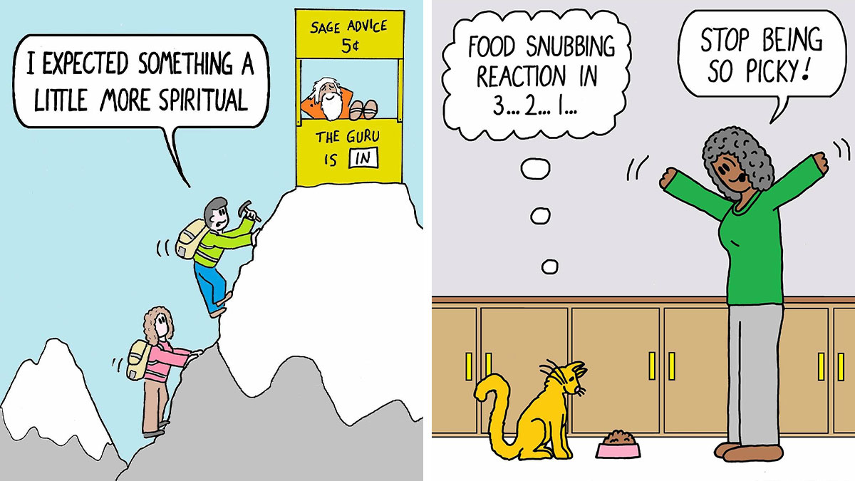 Two funny one-panel comics by Canadian cartoonist Scott Johnston featuring a mountain guru and a picky cat.