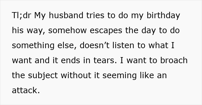 Text on screen showing a wife’s message about a husband’s birthday surprise causing tears and marriage therapy. Text on screen showing a wife’s message about a husband’s birthday surprise causing tears and marriage therapy.