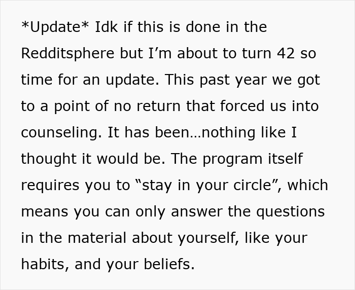 Text excerpt about marriage counseling update after husband’s birthday surprise leads to therapy after 19 years of marriage. Text excerpt about marriage counseling update after husband’s birthday surprise leads to therapy after 19 years of marriage.