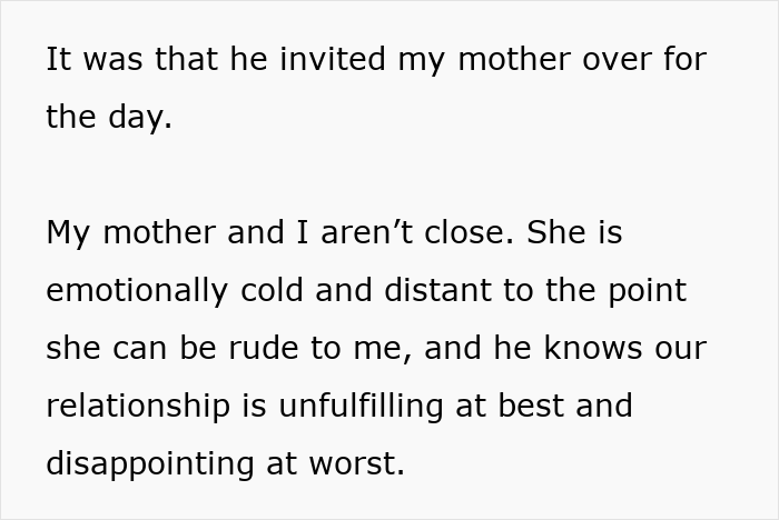 Text excerpt describing emotional distance between wife and her mother, related to husband’s birthday surprise and therapy. Text excerpt describing emotional distance between wife and her mother, related to husband’s birthday surprise and therapy.