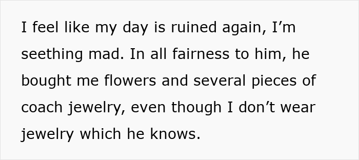 Text excerpt about husband’s birthday surprise causing tension after 19 years of marriage, mentioning flowers and unwanted jewelry. Text excerpt about husband’s birthday surprise causing tension after 19 years of marriage, mentioning flowers and unwanted jewelry.