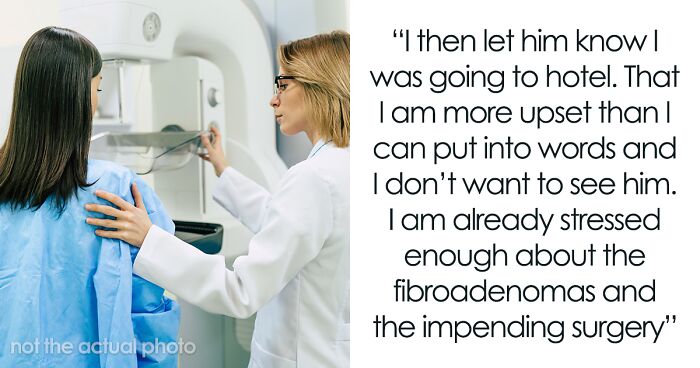 Woman in hospital gown being comforted by female doctor while discussing surgery details, highlighting hubby mocks wife mispronunciation.