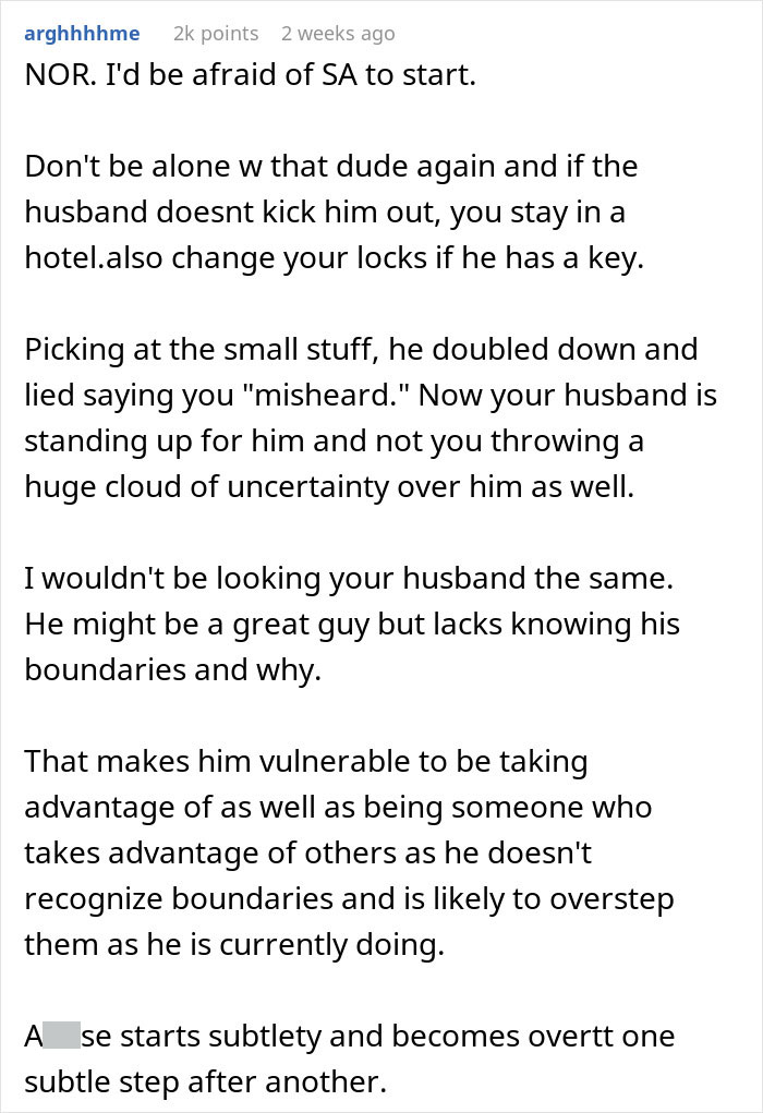 Text comment discussing a friend’s compliment turning uncomfortable, wife advising husband to find a hotel, husband disagrees. Text comment discussing a friend’s compliment turning uncomfortable, wife advising husband to find a hotel, husband disagrees.