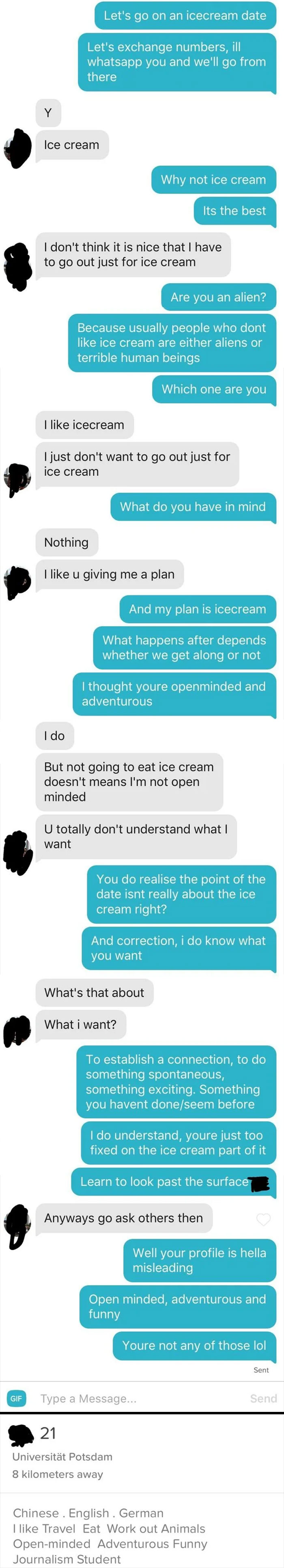 Text message conversation showing a woman displaying delusional behavior during a date planning discussion about ice cream.
